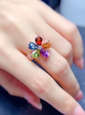 银镀金镶嵌天然彩色宝石繁花似锦水滴形花瓣时尚百搭大气戒指活口