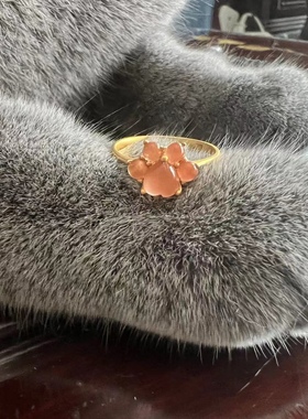 银镀金镶嵌天然南红玛瑙猫爪宠物猫咪肉垫萌宠戒指时尚可爱活口