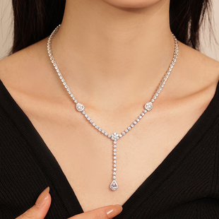 可抽拉调节满镶钻Y字项链纯银镀白金水滴流苏毛衣链轻奢锁骨链女