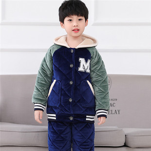 儿童睡衣冬季加厚款男童秋冬三层夹棉珊瑚绒男孩女生大童保暖套装