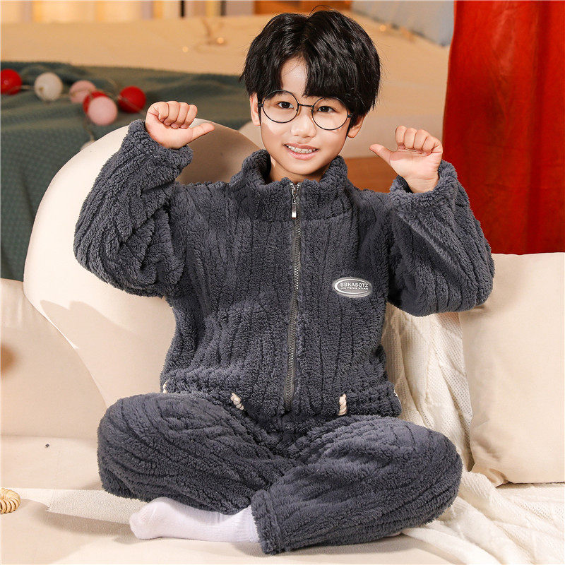 秋冬新款儿童装男女童拉链立领开衫洋气双面绒加厚休闲家居服套装