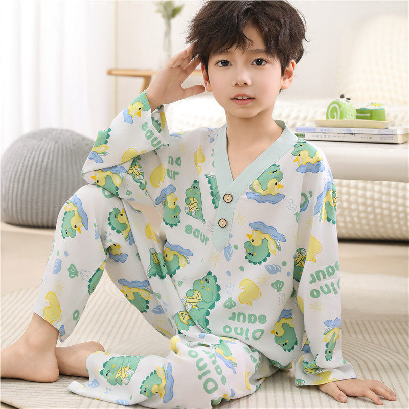 童装夏季儿童睡衣棉绸家居服套装男童女童宝宝薄空调服人造棉睡衣