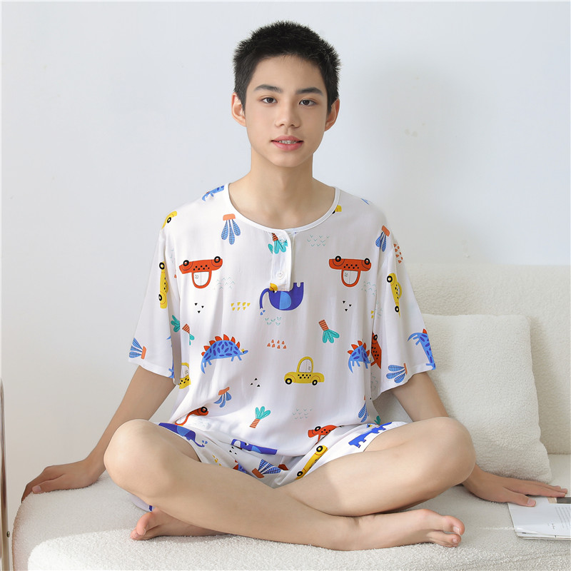 青少年棉绸睡衣男大童套装男孩初中生学生绵绸家居服男款夏季短袖