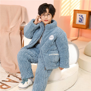 冬款珊瑚绒睡衣男冬季加厚加绒男生三层夹棉女大童青少年拉链套装