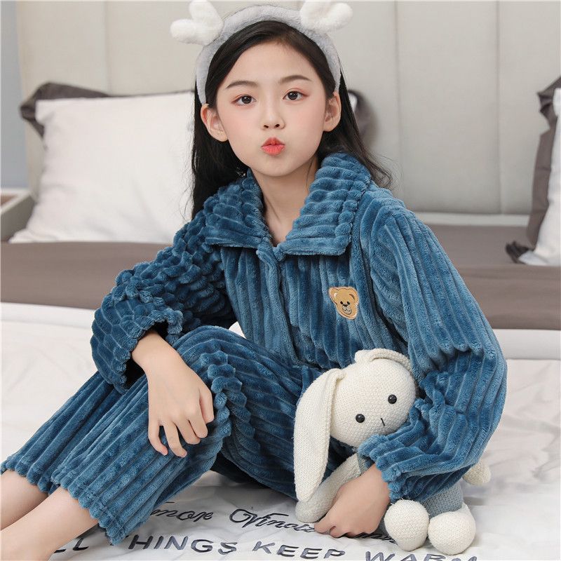 秋冬女宝宝男童珊瑚绒加厚家居服
