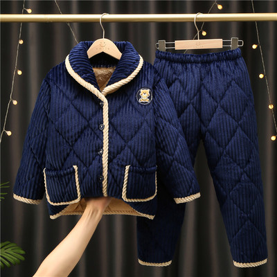 儿童冬季法兰绒睡衣珊瑚绒三层夹棉加绒加厚中大童男童家居服套装