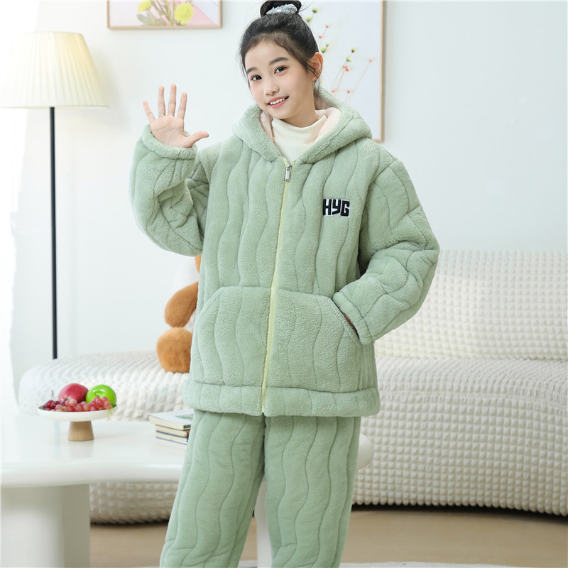 儿童睡衣女童冬季三层夹棉特厚珊瑚绒2024新款男孩子家居服法兰绒