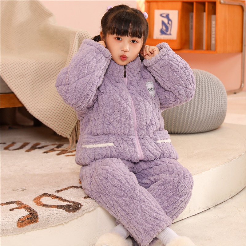 儿童睡衣冬季三层夹棉袄珊瑚绒特厚款女童法兰绒小女孩家居服套装
