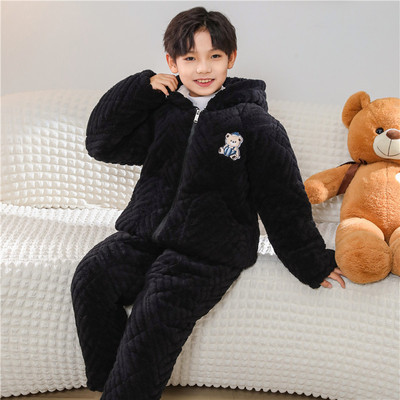 儿童睡衣加厚三层夹棉连帽