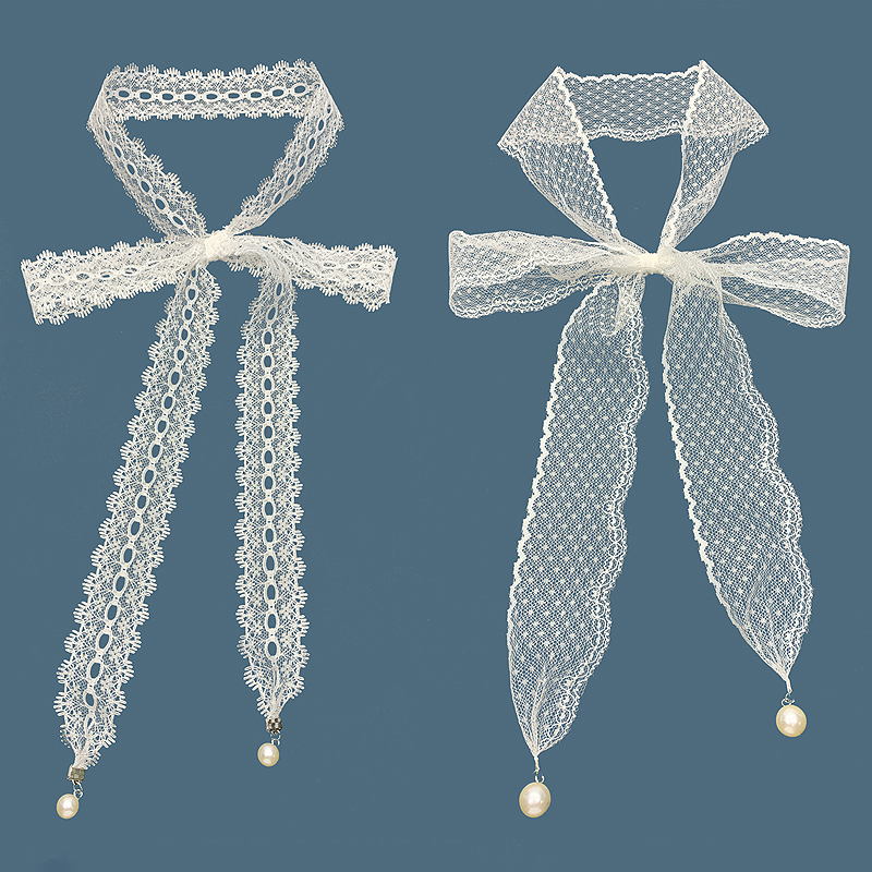 唯美白色蕾丝丝巾领结女手打结蝴蝶结装饰领口配饰系带领花飘带