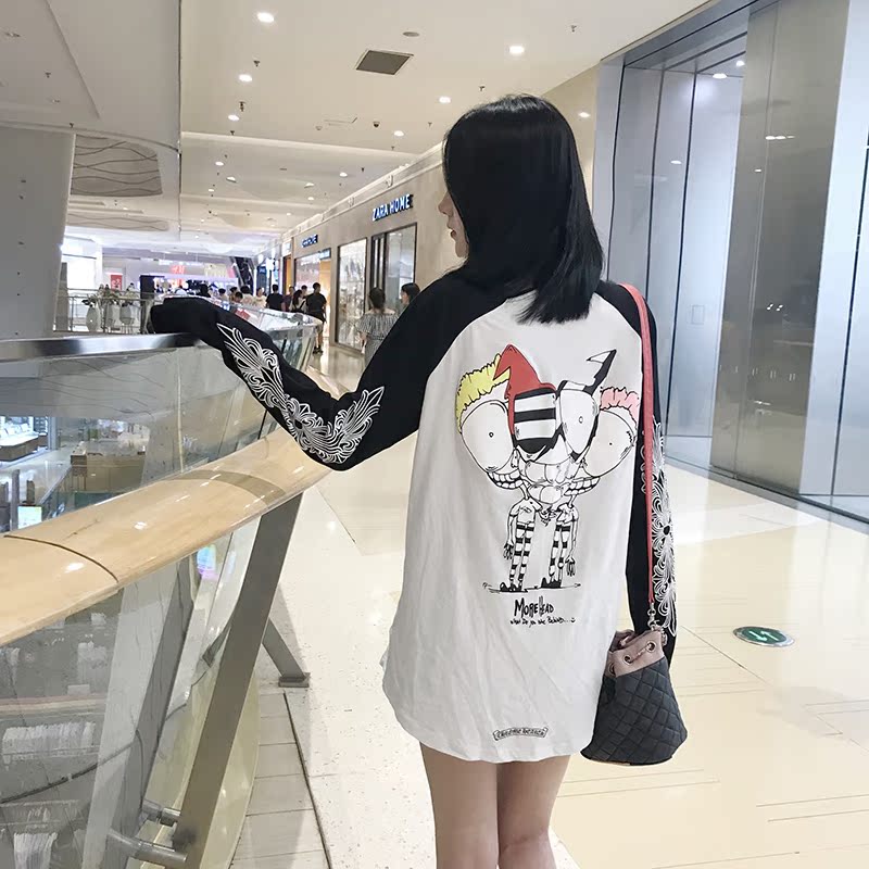 秋季马蹄风车长袖T恤男CH潮牌十字架漫画小人上衣女韩版宽松情侣