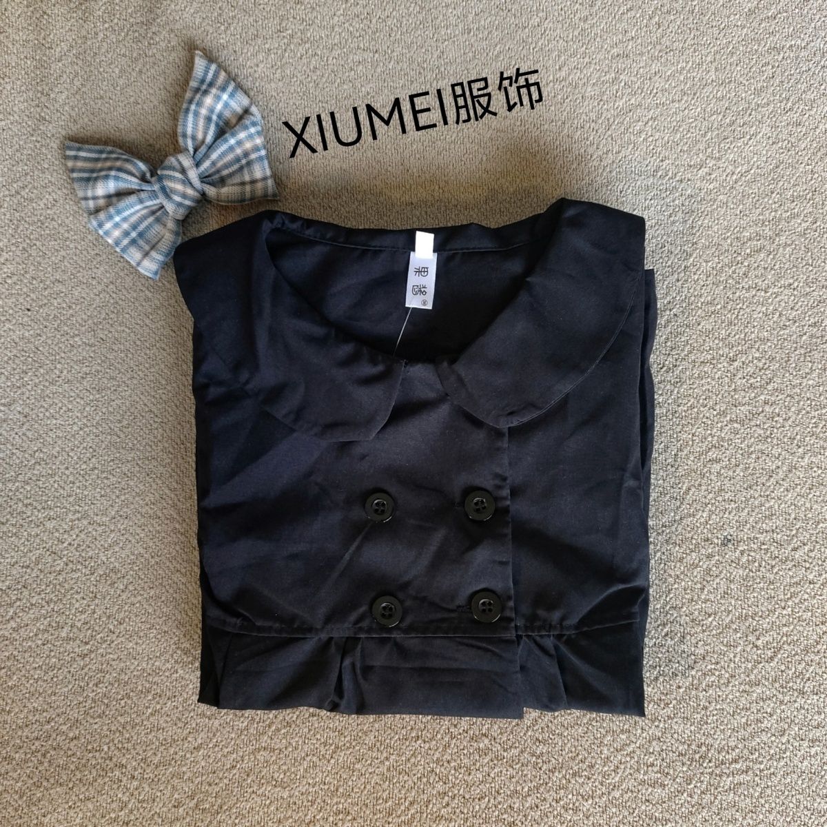 高颜值气质款娃娃领小衬衫韩系黑色百搭双排扣短袖上衣洋气衬衫女
