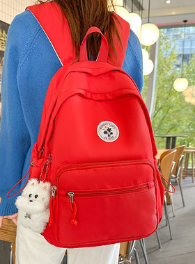 红色书包女大学生简约百搭大容量电脑背包韩版初中生高颜值双肩包