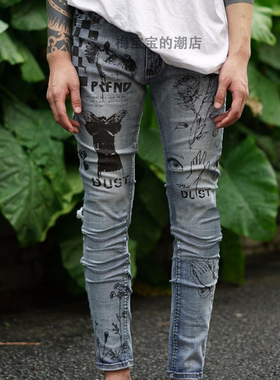 全新正品Profound Aesthetic Denim 石洗刀割手绘修身牛仔裤