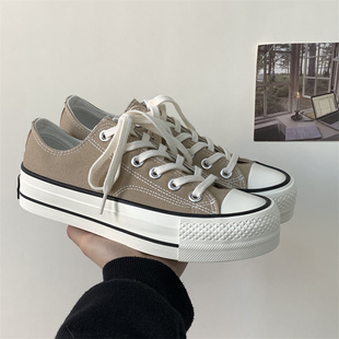 2025新款学院风复古奶茶色低帮板鞋韩版ulzzang厚底增高帆布鞋女