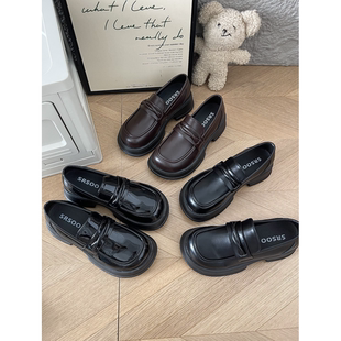 圆头百搭黑色厚底复古小皮鞋女2023春季法式粗跟增高一脚蹬乐福鞋