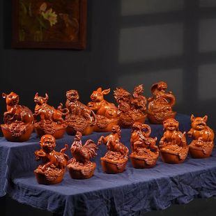 花梨实木雕十二生肖摆件鸡兔摆件客厅家居招财新款12生肖摆件全套