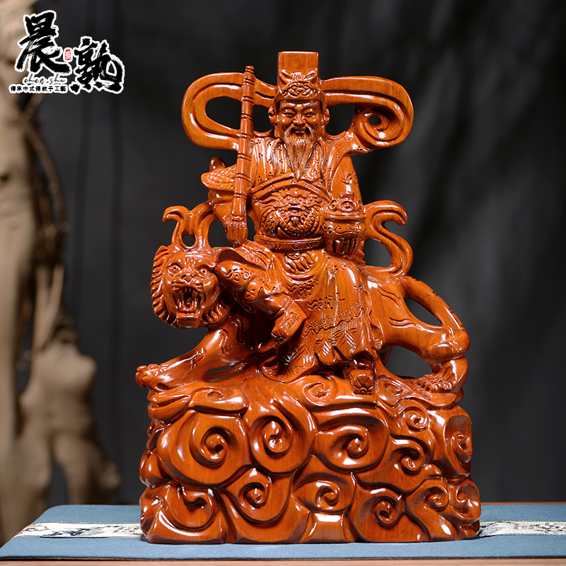花梨木雕赵公明骑虎摆件实木质武