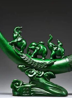 绿色木质大象吉祥三宝摆件实木中式家居客厅玄关装饰摆件乔迁礼品