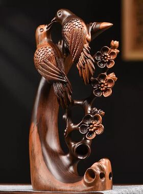 木雕喜上眉梢摆件实木雕刻小鸟玄关家居客厅装饰品乔迁手工艺礼品