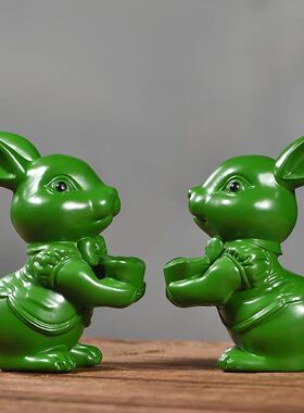 绿色木雕元宝兔子摆件实木质十二生肖兔家居客厅桌面装饰工艺礼品