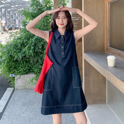 新款现货！明线拼接大口袋夏季软牛仔中长款连衣裙X007 P130K178