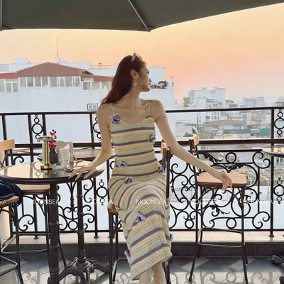 MOON SEA-77-轻奢氛围感撞色条纹印花收腰连衣裙(不配开衫)33589
