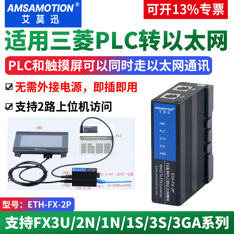 艾莫迅适用三菱fx3uplc转以太网通讯编程口1N2N扩展模块ETH-FX-2P
