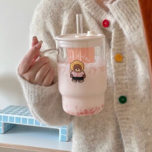 【耐热玻璃吸管杯】大容量1L高硼硅玻璃ins风卡通学生水杯饮料杯