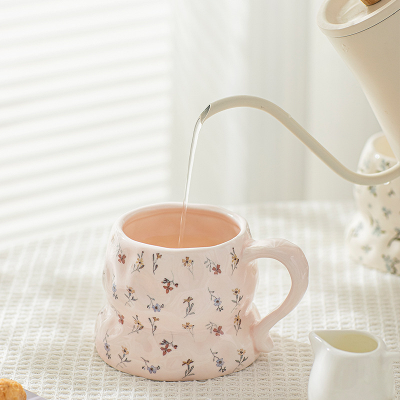 【碎花陶瓷杯340ml】可爱陶瓷咖啡杯带手柄水杯不规则陶瓷马克杯