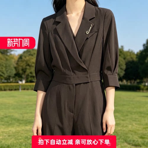 夏季通勤V领收腰显瘦连体衣