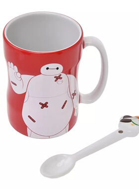 日本东京迪士尼Hello I am Baymax系列大白红色马克杯带勺子430ml