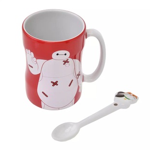 日本东京迪士尼Hello I am Baymax系列大白红色马克杯带勺子430ml