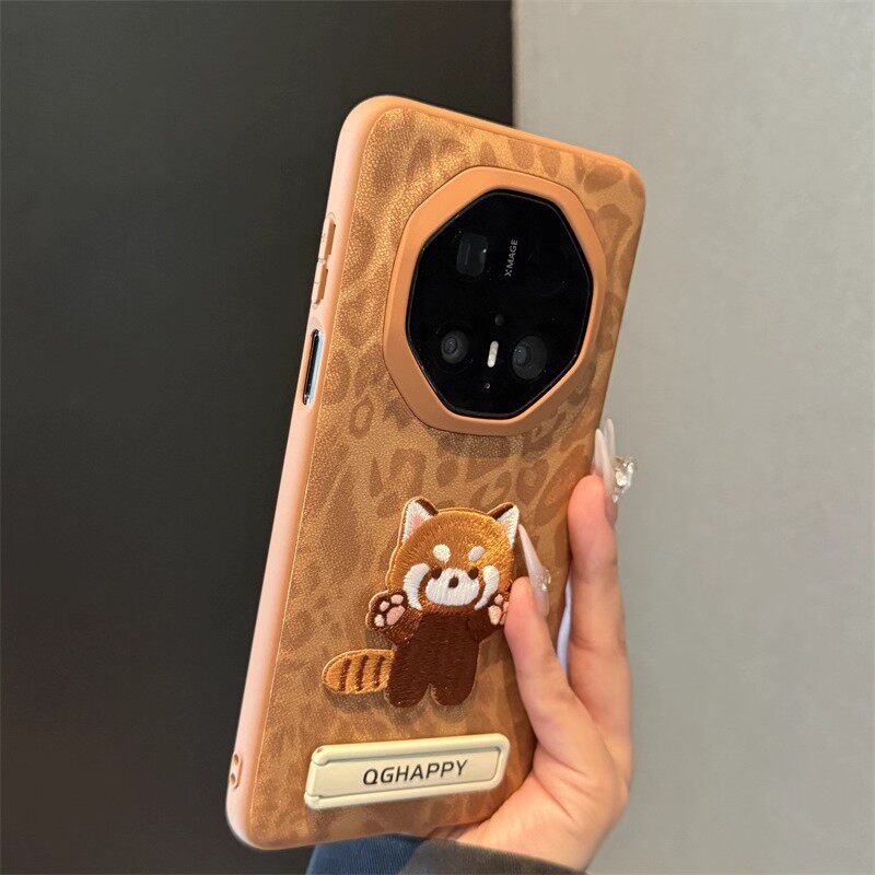 豹纹刺绣小浣熊适用于华为mate70/60RS非凡大师大孔设计新款mate80仿皮带隐形支架70/60精孔全包防摔手机壳
