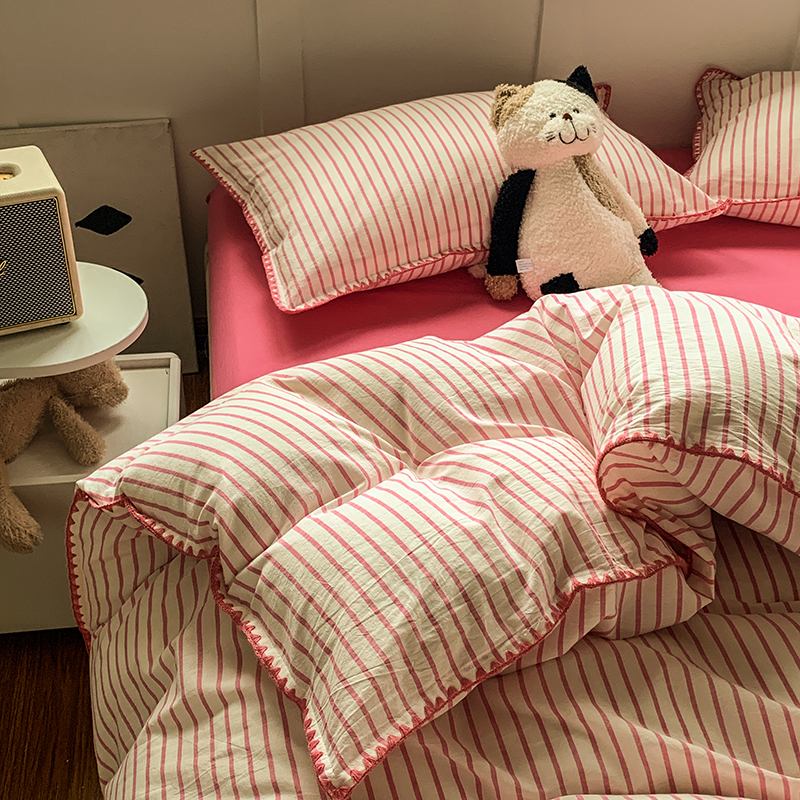 多巴胺撞色条纹全棉四件套小香风纯棉床单被套四季亲肤学生宿舍