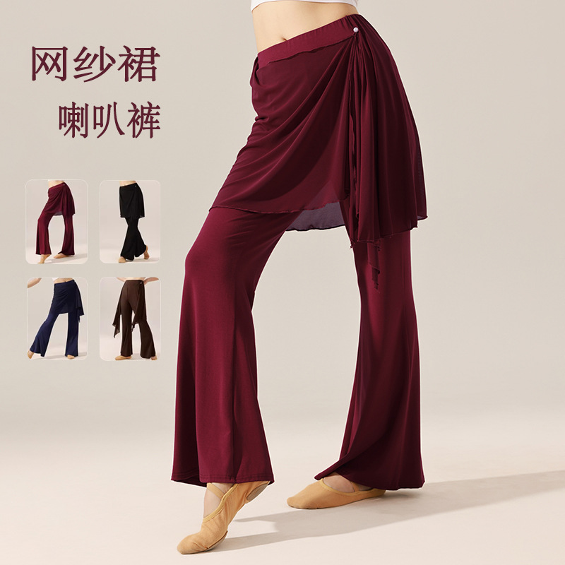 舞蹈裤女教师新款网纱拼接阔腿现代中国成人形体练功跳舞喇叭裤子
