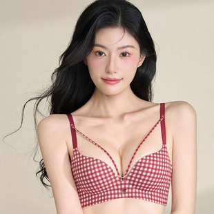 红色格纹少女内衣小胸聚拢提拉显大收副乳防下垂文胸复古撞色B85C
