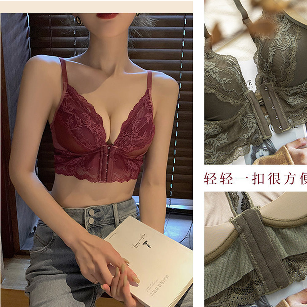 美背前扣调整型内衣聚拢小胸显大蕾丝深V性感交叉肩带文胸套装70A