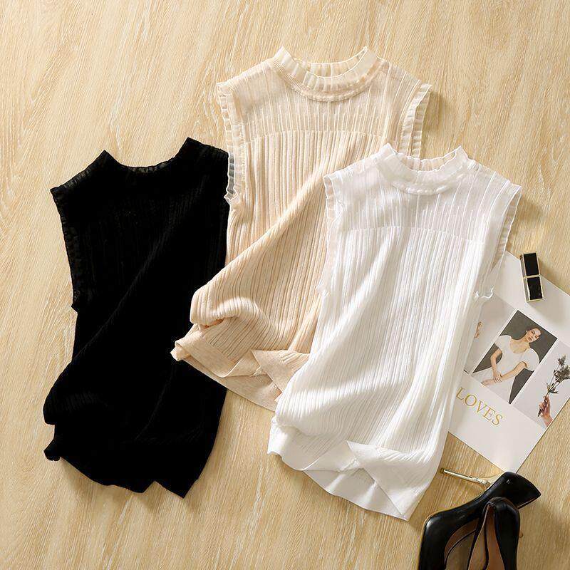 时尚冰丝吊带背心女内搭木耳边蕾丝无袖上衣镂空外穿打底衫女