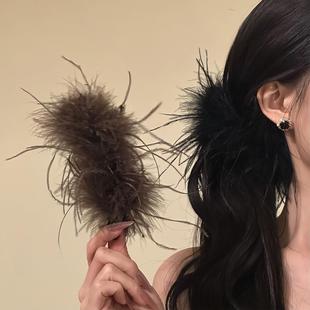 黑色蓬松羽毛香蕉夹高马尾发夹显发量手工时尚百搭复古法式小众