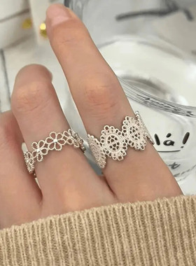 合金戒指 超仙花朵蕾丝银色公主花纹简约开口戒指气质轻奢小众