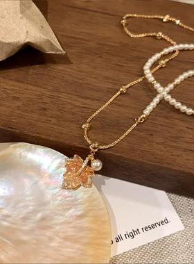 合金亚克力项链 枫叶珠珠项链女秋冬毛衣链轻奢小众高级百搭项链