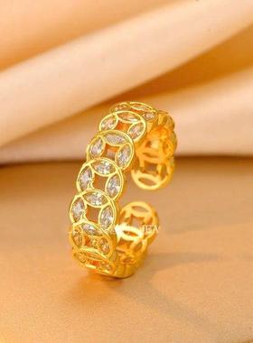 合金戒指 招财金色铜钱戒指女款小众复古开口戒日韩风时尚轻奢