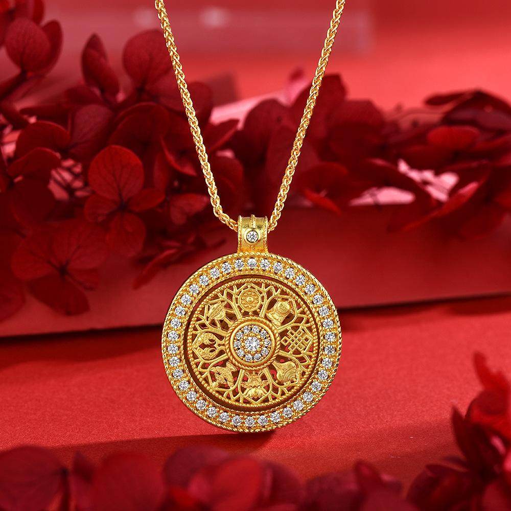 合金项链 八宝罗盘项链新中式古法金色复古轻奢手工镶嵌双面时尚