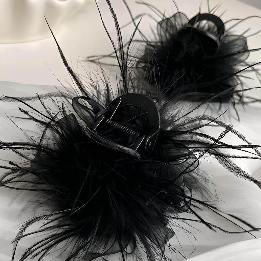 黑色羽毛抓夹气质时尚后脑勺半扎发网红抓夹黑色发夹