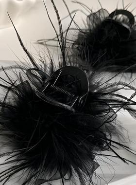 黑色羽毛抓夹气质时尚后脑勺半扎发网红抓夹黑色发夹