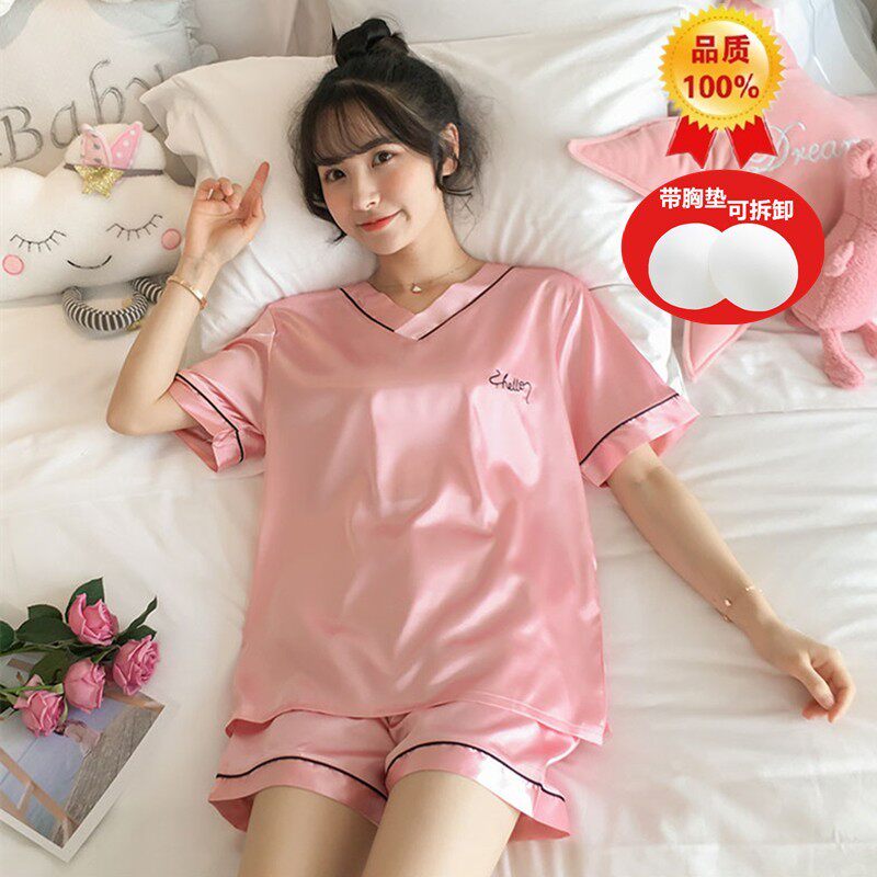 冰丝一体自带胸垫睡衣女夏季短袖短裤雪纺免穿文胸罩杯家居服套装