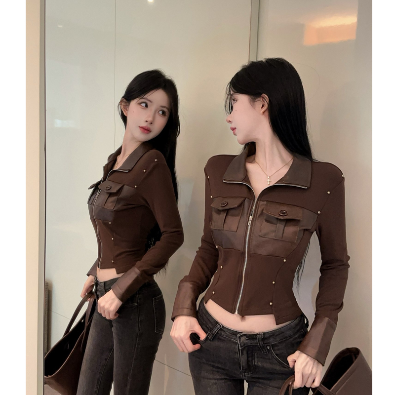 PU皮拼接长袖t恤女秋冬辣妹短款上衣加绒打底衫内搭拉链开衫外套