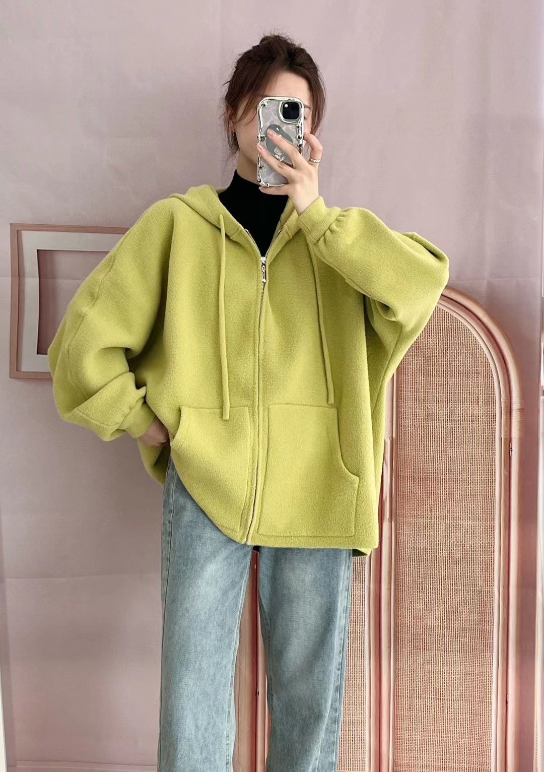 6368秋冬加厚宽松韩版时尚休闲网红纯色慵懒风带帽百搭毛衣外套