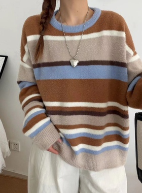 81385撞色条纹宽松套头毛衣气质秋冬复古慵懒风网红长袖针织毛衫
